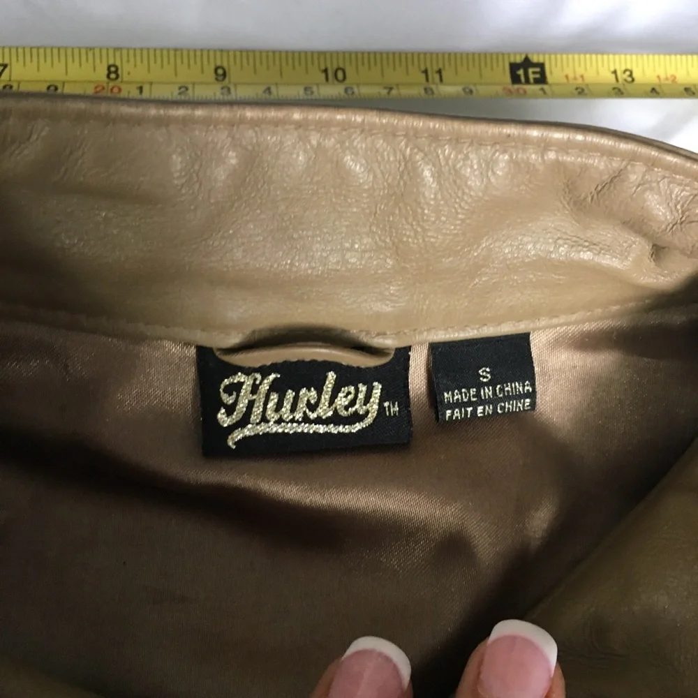 EUC Y2k Hurley tan genuine leather short jacket, satin lining, moto style. - Picture 4 of 13